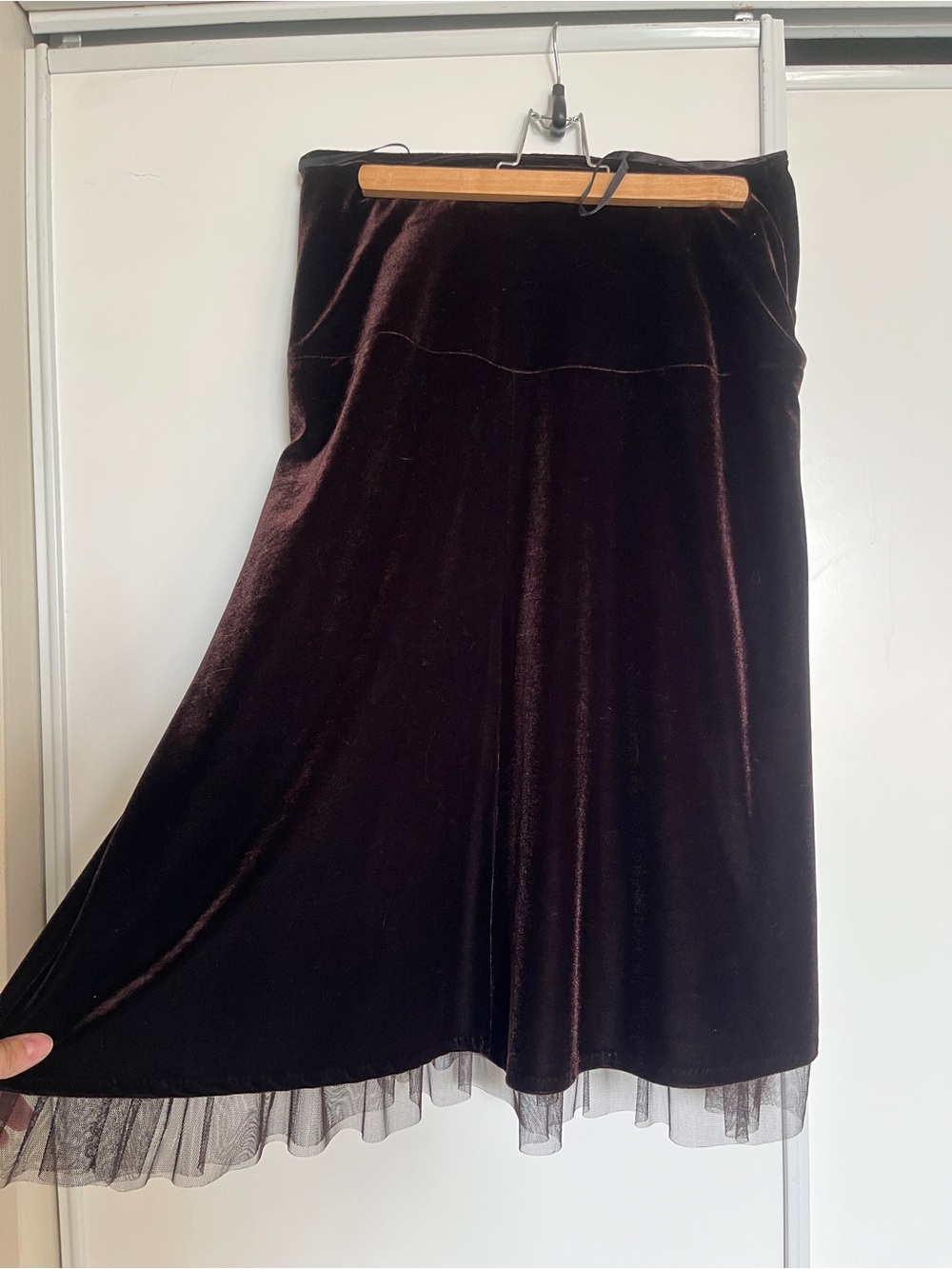 Danier Chocolate Velvet A-Line Midi Skirt with Tulle Trim